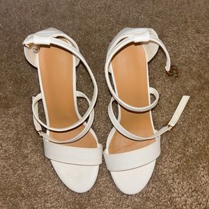 White Ankle Strap Block Heels with Buckle, 36